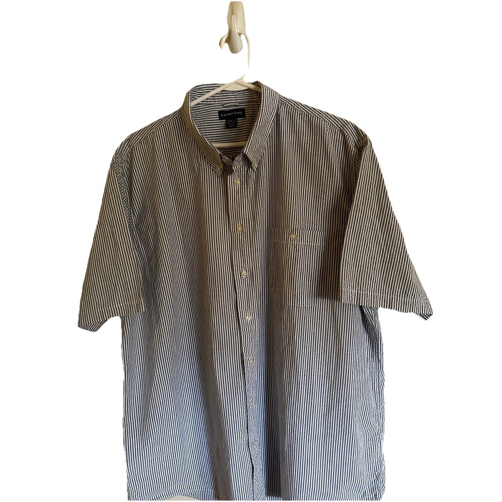 Land's End Men's XXL/T 18-18.5 100% Cotton Shirt Short Sleeve Blue Pin Stripe
